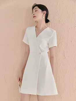 Ново лятно бяла рокля с оцетна киселина във френски стил 2023, женствена рокля трапецовидна форма, с висока талия и V-образно деколте