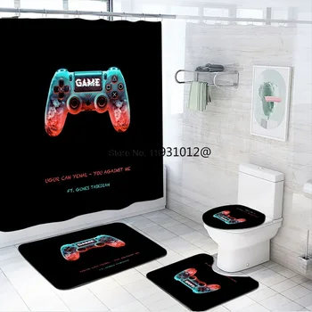 2023 4шт Набор от завеса за душ Gamer с подови изтривалки на разположение, капака на тоалетната чиния, подложка за баня, комплект непромокаеми завеси за баня за тийнейджъри, устойчив набор от завеси за баня