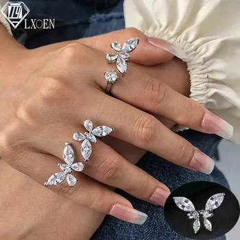 Ново дизайнерско модно бижу, за да създадете пръстен с пеперуда от висококачествена мед, инкрустированное цирконий, луксозно брилянтният пръстен за коктейльной парти за жени