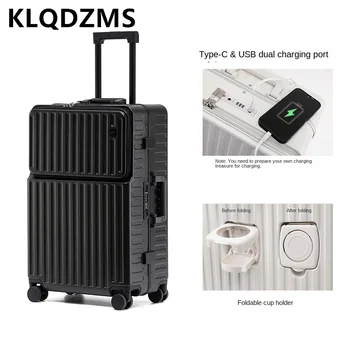 KLQDZMS 20 24 26 инча, чанта за отваряне на предния капак, USB багаж, Устойчиво на надраскване Количка, поставка за чаши, Универсален пътен куфар на колела