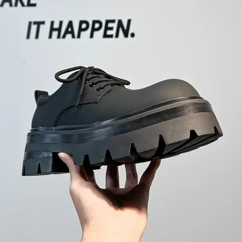 2023 Мъжки oxfords на платформа от изкуствена кожа, дантела, с дебела подметка, Черни обувки-дерби в стил пънк, мъжки вечерни модела обувки, увеличаване на растежа.