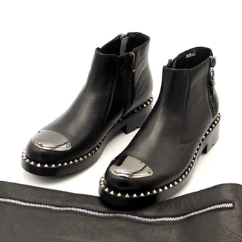 Европейско-американски страхотни кожени ботуши от дебела подметка с двойно закопчаване-цип и сребърни нитове във формата на главата, черни ежедневни обувки, размер 34-45