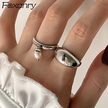 Foxanry, Годежни пръстени с перли тайландски сребрист цвят за жени, двойки, Новите модни Прости геометрични орнаменти ръчно изработени за партита, подаръци
