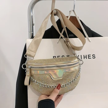 Дамски забавна чанта с бриллиантовым колан, луксозни дизайнерски чанти през рамо за жени, модерна чанта на верига, нагрудная чанта, чанта през рамо