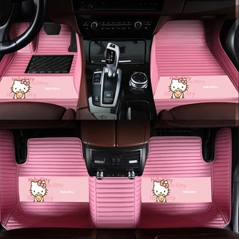 Изключителен автомобил подложка за пода на Hello Kitty, жично пръстен, кожа, Сладък дамски двойка, подложка за интериора на колата на поръчка, за украса на колата