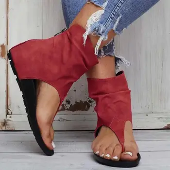 Дамски сандали на равна подметка с клипсой, Дамски обувки-гладиатор от изкуствена кожа на платформа, Летни Дамски джапанки с цип, по-Големи размери, Ежедневни Дамски обувки