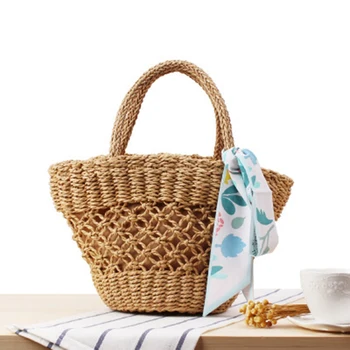 Малка плажна чанта ръчна изработка в етнически стил, кухи шалове, малка прясна слама чанта за пътуване, почивка, снимка, чанта за отдих