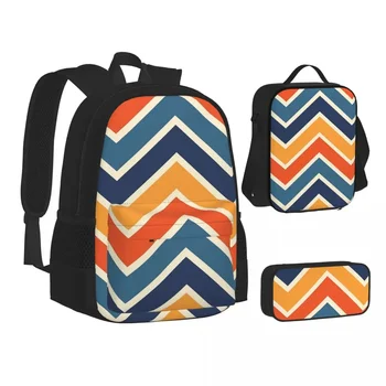 Класически ретро-шевроните, реколта раници на 70-те и 80-те години, чанти за момчета и момичета, ученически чанти, детска раница, чанта за обяд, чанта за писалки, комплект от три елемента