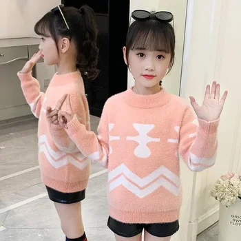 Детски пуловер с норковым начесом, нов пролетно-зимен пуловер за момичета, монтиране пуловер, есенна дрехи за малките момичета на 11-12 години