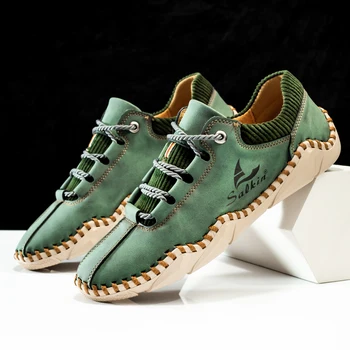 Класически маркови мъжки туристически обувки ръчна изработка, Ежедневни мъжки зелена спортни обувки, устойчива на плъзгане туризъм обувки, Голям размер： 38-48