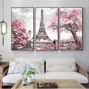 3, Панел Парижката кула Стенно изкуство Платно Картини Абстрактен пейзаж Модулни картини на Любовта в принтах за хол