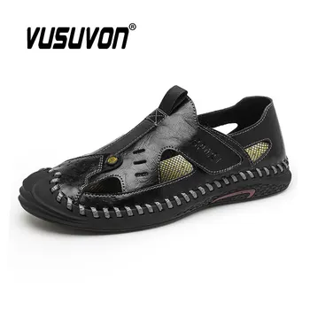 Модерен мъжки сандали, летни дишащи плажни черни градински обувки от спилка, големи размери 38-46, сабо върху плоска подметка, Лоферы
