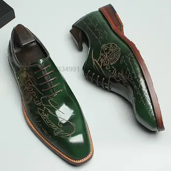 Размер 38-46 Мъжки Оксфорд обувки с дърворезба от естествена телешка кожа Елитен марка дантела Бизнес офис зелени модела обувки с перфорации тип 