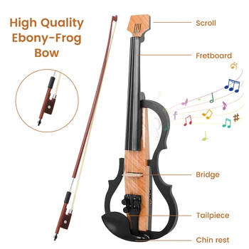 Електрическа цигулка в пълен размер 4/4 за начинаещи и юноши, тъп звук на цигулка от въглеродни влакна със слушалки за през едно крайно положение