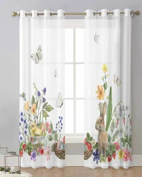 Тюлевые завеси със заек, цвете, пеперуда, ягоди, Великденски завеси на прозорците в хола, прозрачни пердета от воал с люверсами