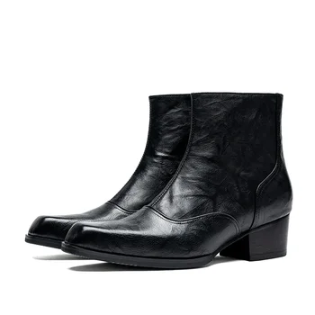 Мъжки Бизнес Черни Обувки На висок Ток 5 см, Луксозни Дизайнерски Мъжки Ботильоны от Естествена Кожа в Ретро стил, Приятна Сватбена Светският Обувки на високоскоростен интерне