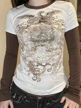 Дамска риза с дълъг ръкав Y2k, ретро монтиране съкратен топ, тениски, есен облекло в стил гръндж, эстетичные върховете