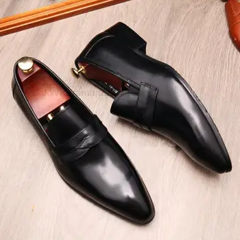 Демисезонные мъжки черно-кафяви лоферы от естествена кожа, висококачествени модела обувки без закопчалка, мъжки сватбена Ежедневни бизнес офис обувки