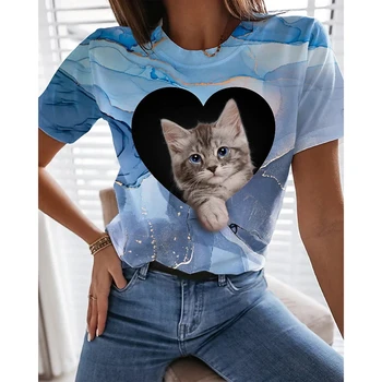 Модни тениски с коте, животни, котка, 3D принтом, дамски и мъжки градинска облекло, тениски с къс ръкав, Детски блузи Harajuku, тениски, дрехи