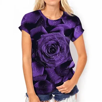 Дамски тениски с 3D-принтом лилава роза, модерен пуловер, подходящ за всички сезони, всекидневни, с къси ръкави от полиестер, секси V-образно деколте