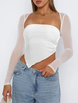 Duoyunn Дамски Дантелени Ризи с дълъг ръкав от 2 части, мрежести, Прозрачни блузи-тръбата, Без презрамки и с расправленными рамене, эстетичная Укороченная тениска Y2K