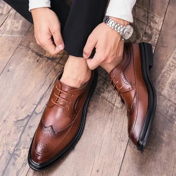 Мъжки обувки, за костюми, есен бизнес рокля в британския стил, ежедневни кожени обувки с голямо бомбе, мъжки черните сватбени обувки за булката високо качество