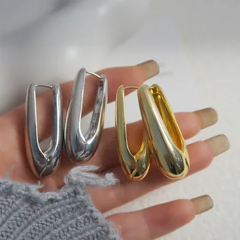 Модни масивна овална U-образна скоба-пръстени за жени, реколта обеци с геометрични капки вода златен цвят, прости вечерни украса