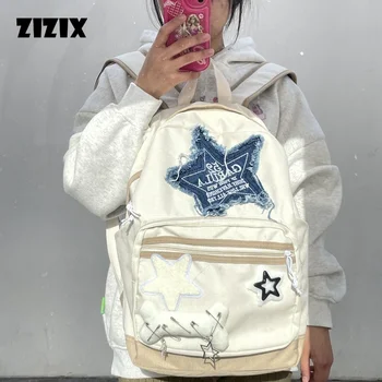 Жена раница Y2K от деним с шарени звезди, бяла училищна чанта във формата на книга кости, юношеството раница с бродерия букви, по-Голям капацитет, новост