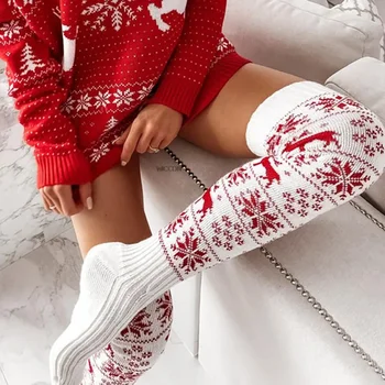 Коледни възли вълнени чорапи за жените, жакард чорапи на пода със снежинками и дрямка до коляното