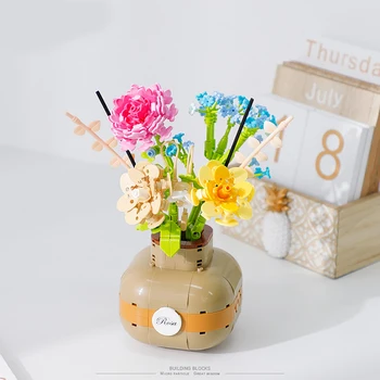 Креативен блок, 3D модел на цветето, на слънчогледа в саксия, Роза, лилав букет, колекция от детски играчки за декориране на стаи, за подарък за деца и момичета