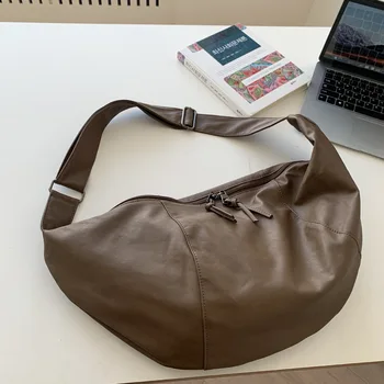 Модерна чанта-тоут от изкуствена кожа, реколта чанта през рамо с юфка голям капацитет, ежедневни чанти-месинджър с цип, Корейски чанти