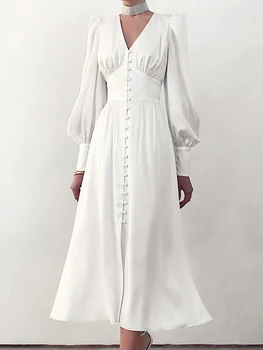Бяло елегантна атласное рокля, дамски есенни дълга рокля с V-образно деколте и ръкав-фенерче, женски реколта модни однобортные вечерни рокли