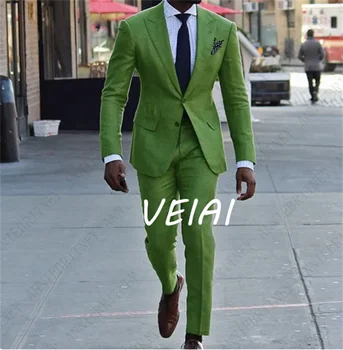 Годишният Зелено Бельо костюм Мъжки Комплект Случайни Оборудвана Смокинг Поръчкови Сватбени костюми на Младоженеца Блейзър Terno Masculino