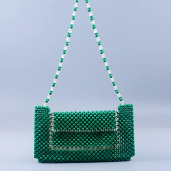 Нова дизайнерска текстурная Зелена Реколта универсална женска чанта с перли на подмишниците, модни чанти ръчна изработка, бродирани с мъниста, дамски чанти
