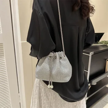 Чанта кофа с кристали, дамски чанта през рамо верига, сверкающая чанта от съвсем малък, дамски луксозен мини чанта, портфейл