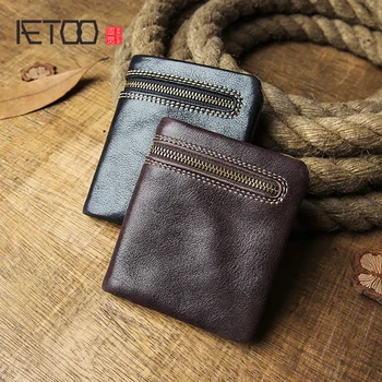 Кратък мъжки портфейл AETOO, изключително тънък кожен портфейл с цип, мини-кесия, портфейл за монети от телешка кожа