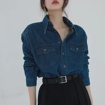 Реколта пролет-есен тъмно син деним яке със свободен джоб, дамски универсална однобортная блуза, модерни улични ризи, топ
