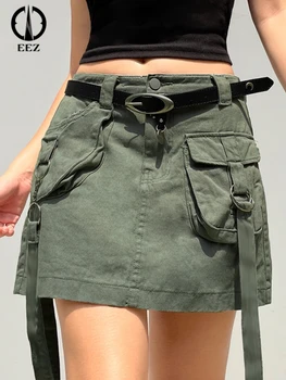 Ретро Зелена дънкови мини-пола с асиметрични джобове, дамски панталон-карго джоб с висока талия, байкерская пола Y2k, кокетка