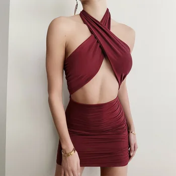 Индивидуална секси пола на бедрата с отворен гръб 2022, нова лятна рокля Amazon с кръстосано деколте.