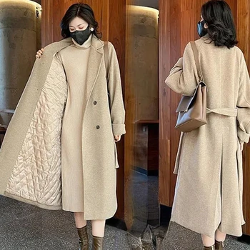 Френски стил, приятна жена зима 2023, класически колан, Ретро Свободни шик ежедневни дамски вълнени палта, дълго палто с модерен ръкав V1