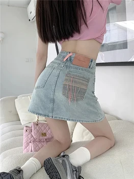 Дамски дънки, пола Zoki Fashion с пискюли, градинска дрехи, секси мини пола трапецовидна форма, с висока талия, Летни дамски Корейски поли Harajuku с джобове.