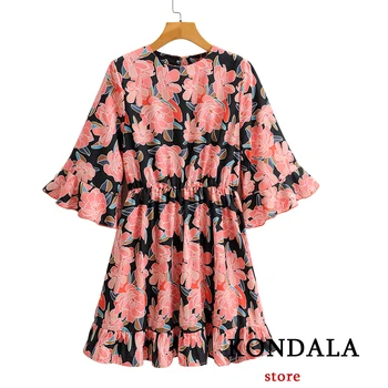 Женствена рокля KONDALA Za Мода 2021, винтажное мини рокля с флорални принтом и накъдрен, с кръгло деколте, с изгорени ръкави, Свободно рокля Mujer Vestidos