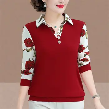 Модерна блуза с флорални принтом, ежедневни риза поло с деколте лодка, Пролет-есен, Нова дамски дрехи с дълъг ръкав, риза с обемни интериор