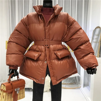 Зимно палто Дамско палто Паркър С лъскава повърхност, топло дебел памучен ежедневни свободна дамско сако, дамско яке с колан, новост 2022 г.