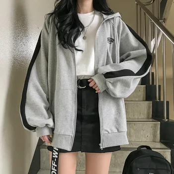Палто с цип за жени през Пролетта, есента и зимата 2023 г., нова корейска версия, свободна и универсална плюшен hoody с дълги ръкави за студенти