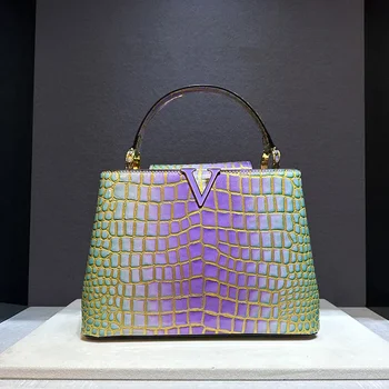 Дамски чанти от естествена кожа с изображение на крокодил, дамски чанти-тоут под формата на миди, 2024, V-образни чанти-незабавни посланици Shoudler, Луксозна мода
