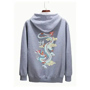 Hoody с принтом дракон на гърба за жени, удобен еластичен шнур, модерен пуловер с качулка и джоб кенгуру, качулка с завязками дантела прозорци
