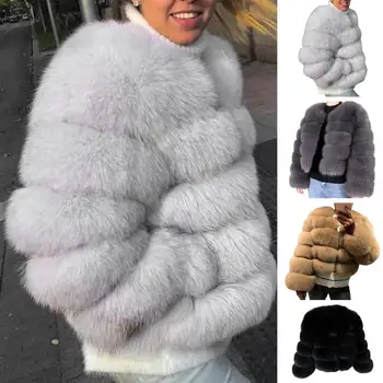 Дамско яке от полиестер, стилен дамски яке от изкуствена кожа, Елегантна однотонное палто за есен-зима с модерен дълъг ръкав