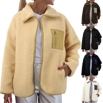 Дамски ежедневни сако с ревери и дълъг ръкав, палто от пухкав отвътре с цип, Зимни връхни дрехи с джобове, дамски ежедневни облекла