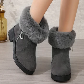 2023 Нови дамски обувки Зимни улични топли кожени обувки Непромокаеми дамски зимни обувки на дебелите обувки с кръгло бомбе на висок ток